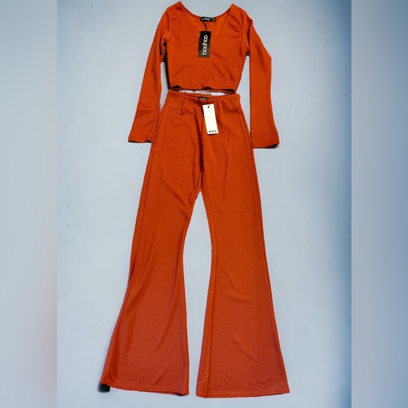 Boohoo Petite Mara Crop & Flared/BellBottom Trouser Co-ord | Size 0 | NWT | Rust - Picture 2 of 12